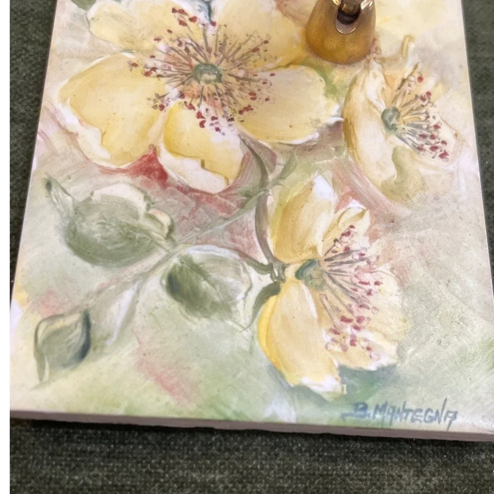 Hand Painted B.Mantegna H&R Johnson Tile Pen Stand Yellow Rose Shabby Chic